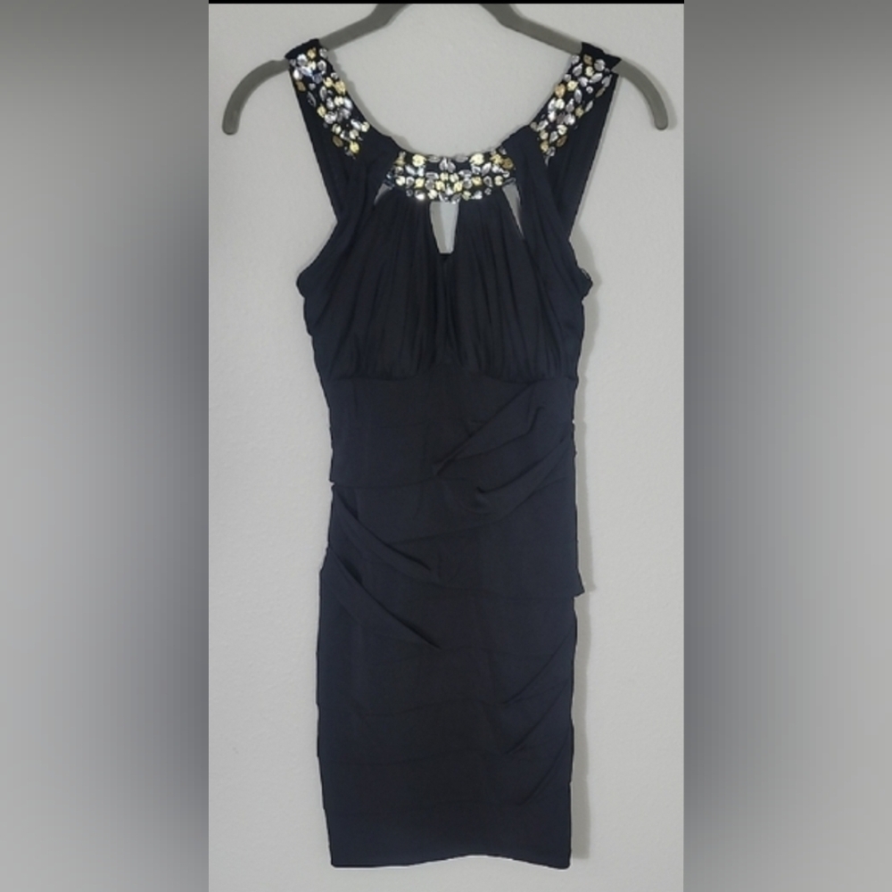City Triangles Bodycon Ruched Mini Dress Size XS/s Black Padded Jeweled